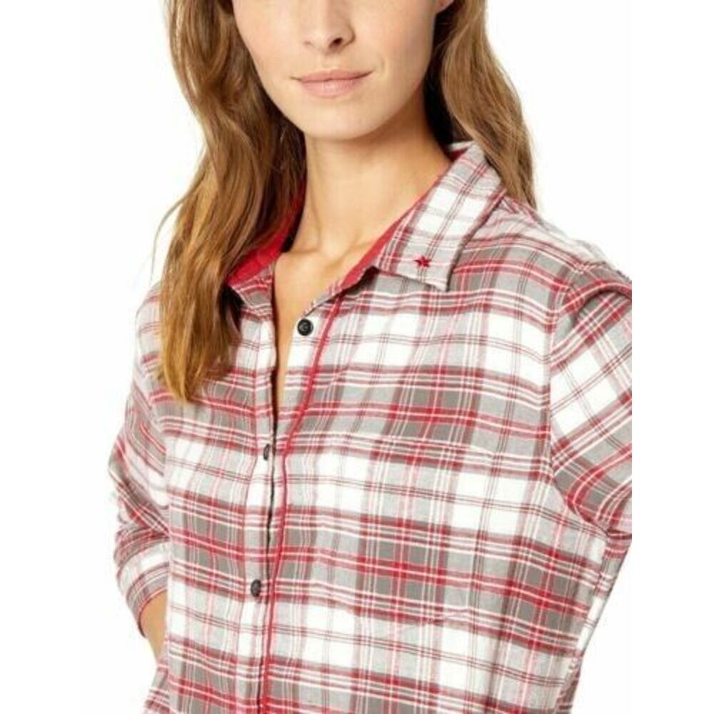PJ SALVAGE Red‎ Plaid Silver Metallic Long Sleeve Pajama Top XSmall